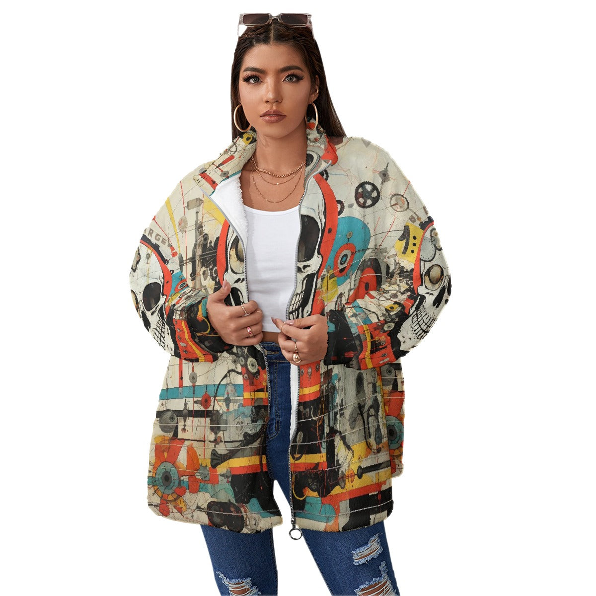 All-Over Print Unisex Borg Fleece Stand-up Collar Coat With Zipper Closure(Plus Size)