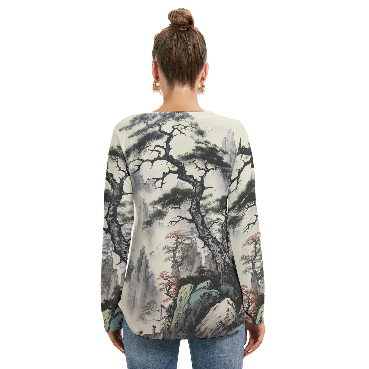 All-Over Print Women's Long Sleeve Neckline Tie Sweatshirt