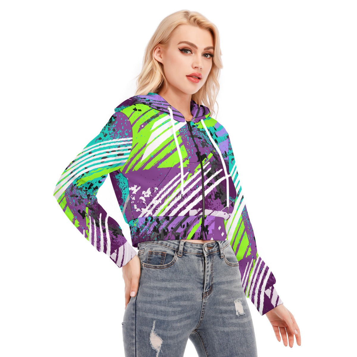 All-Over Print Women's Crop Top Hoodie With Zipper Closure