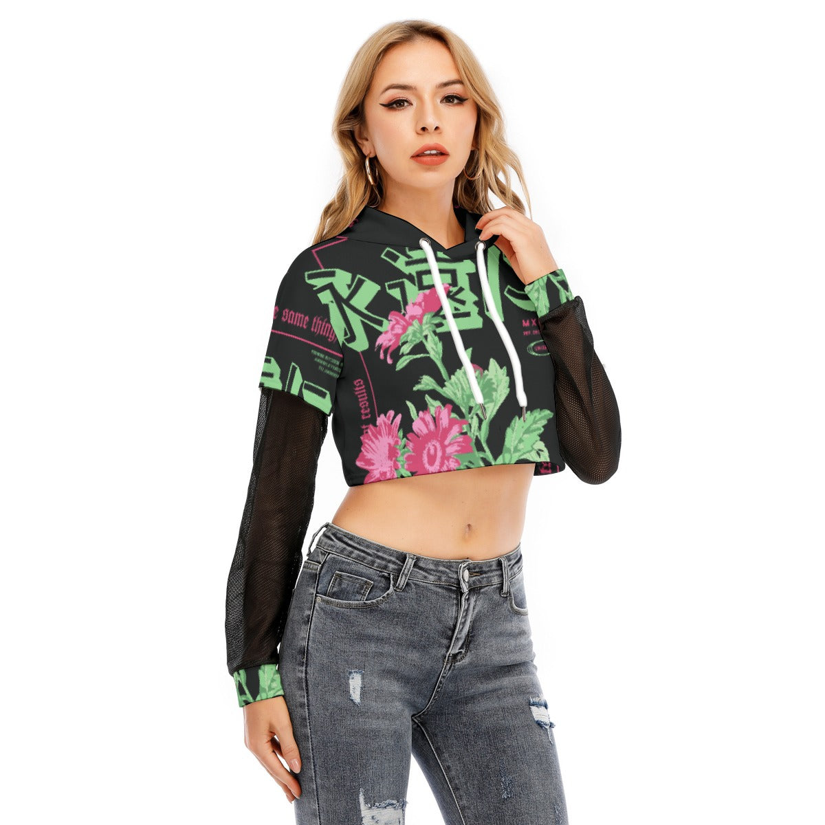 All-Over Print Women's Fake Two-piece Mesh Sleeve Cropped Hoodie