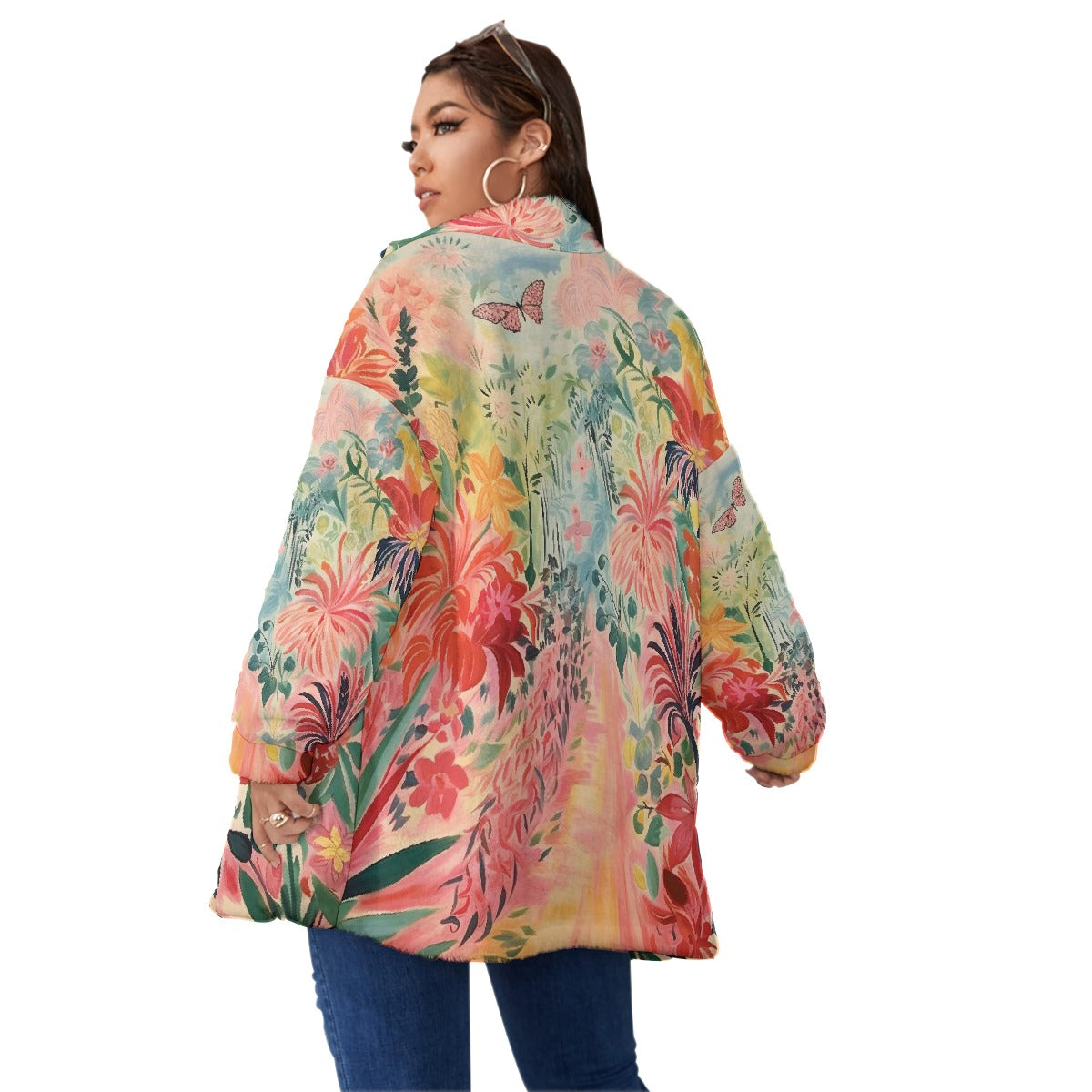 All-Over Print Unisex Borg Fleece Stand-up Collar Coat With Zipper Closure(Plus Size)