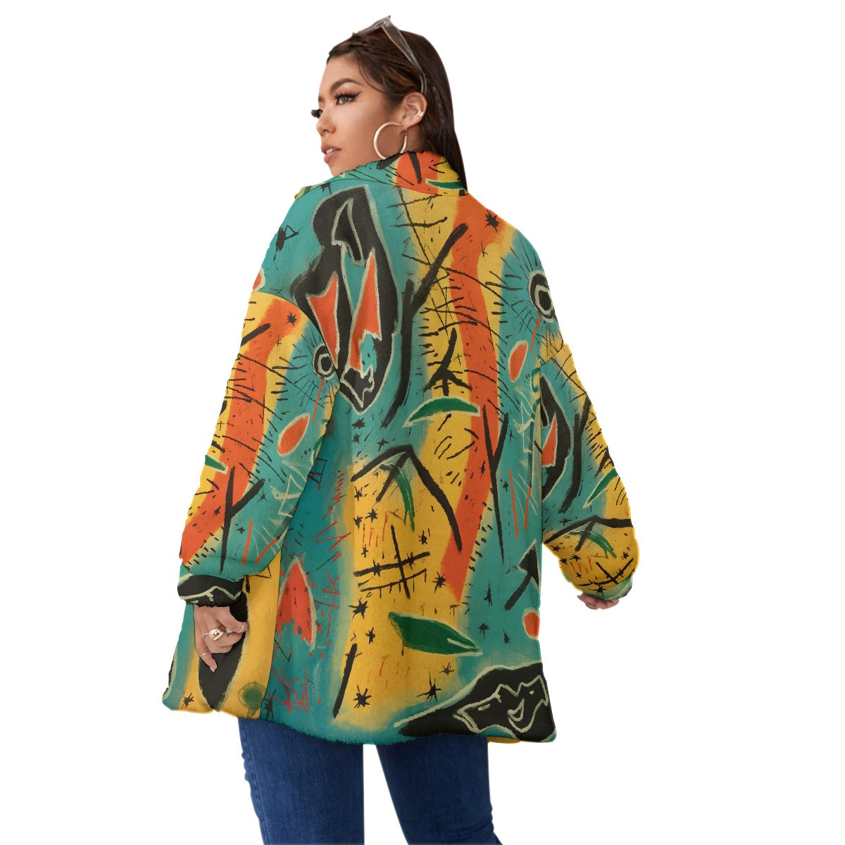 All-Over Print Unisex Borg Fleece Stand-up Collar Coat With Zipper Closure(Plus Size)