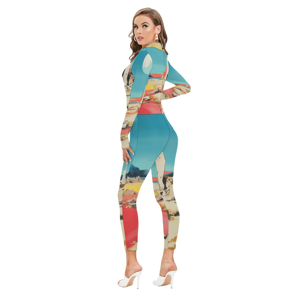 All-Over Print Women's Long-sleeved High-neck Jumpsuit With Zipper