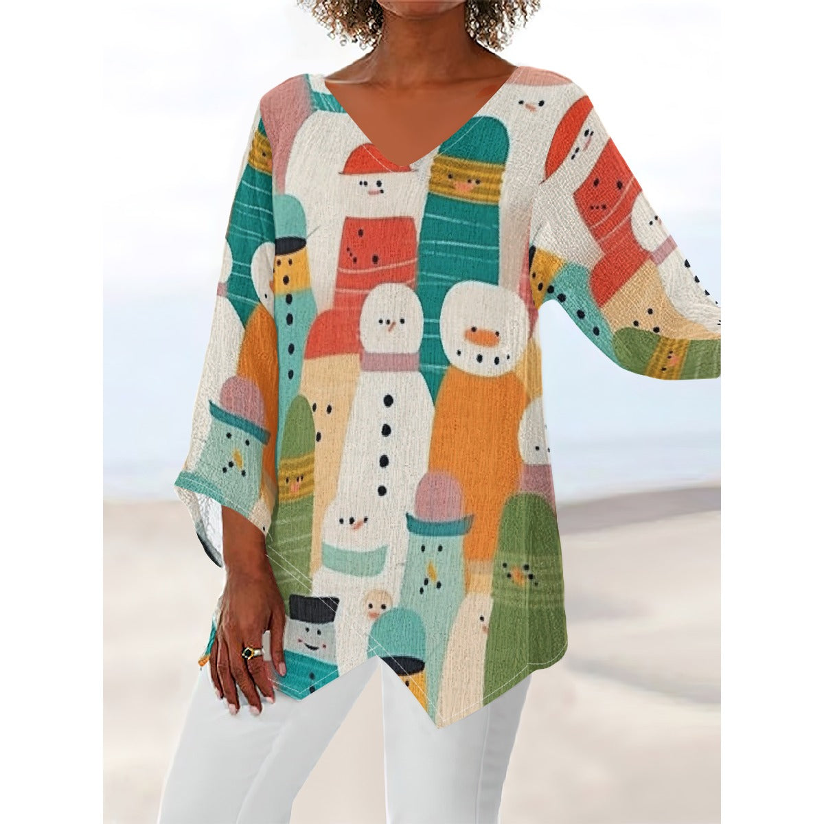 All-Over Print Women's V-neck T-shirt With Irregular Hem