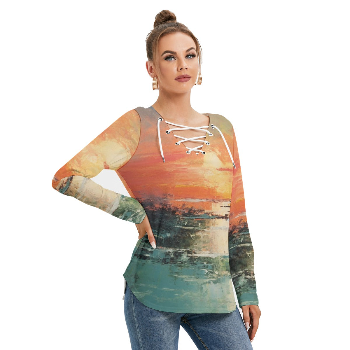 All-Over Print Women's Long Sleeve Neckline Tie Sweatshirt