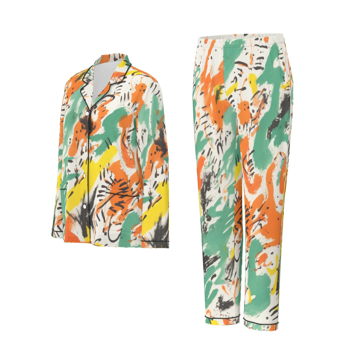 All-Over Print Women's Long Sleeve Pajama Set With Black Contrast Piping