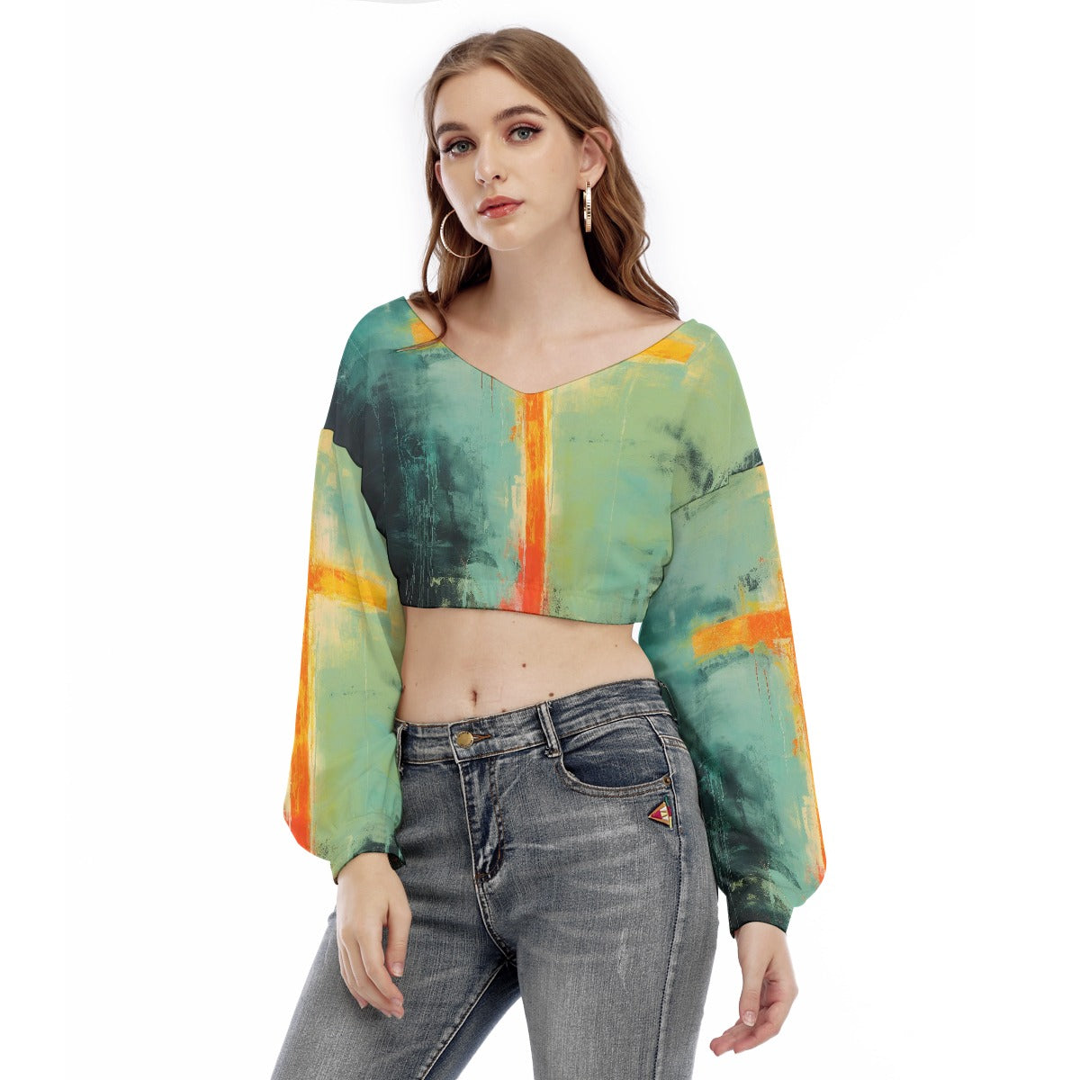 All-Over Print Women's V-neck Long Sleeve Cropped Sweatshirt