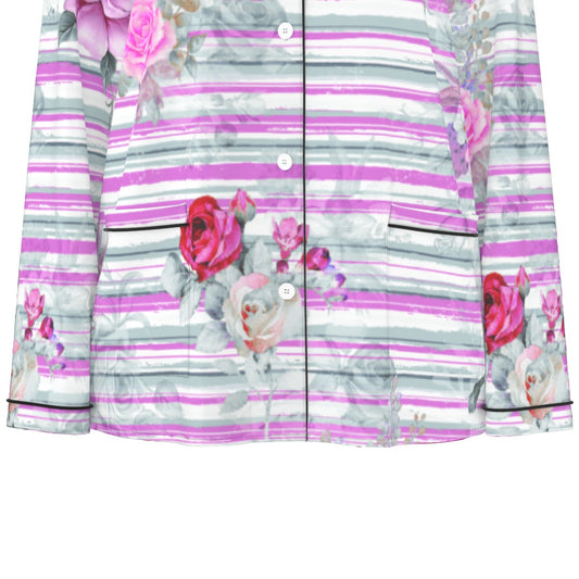 All-Over Print Women's Long Sleeve Pajama Set With Black Contrast Piping