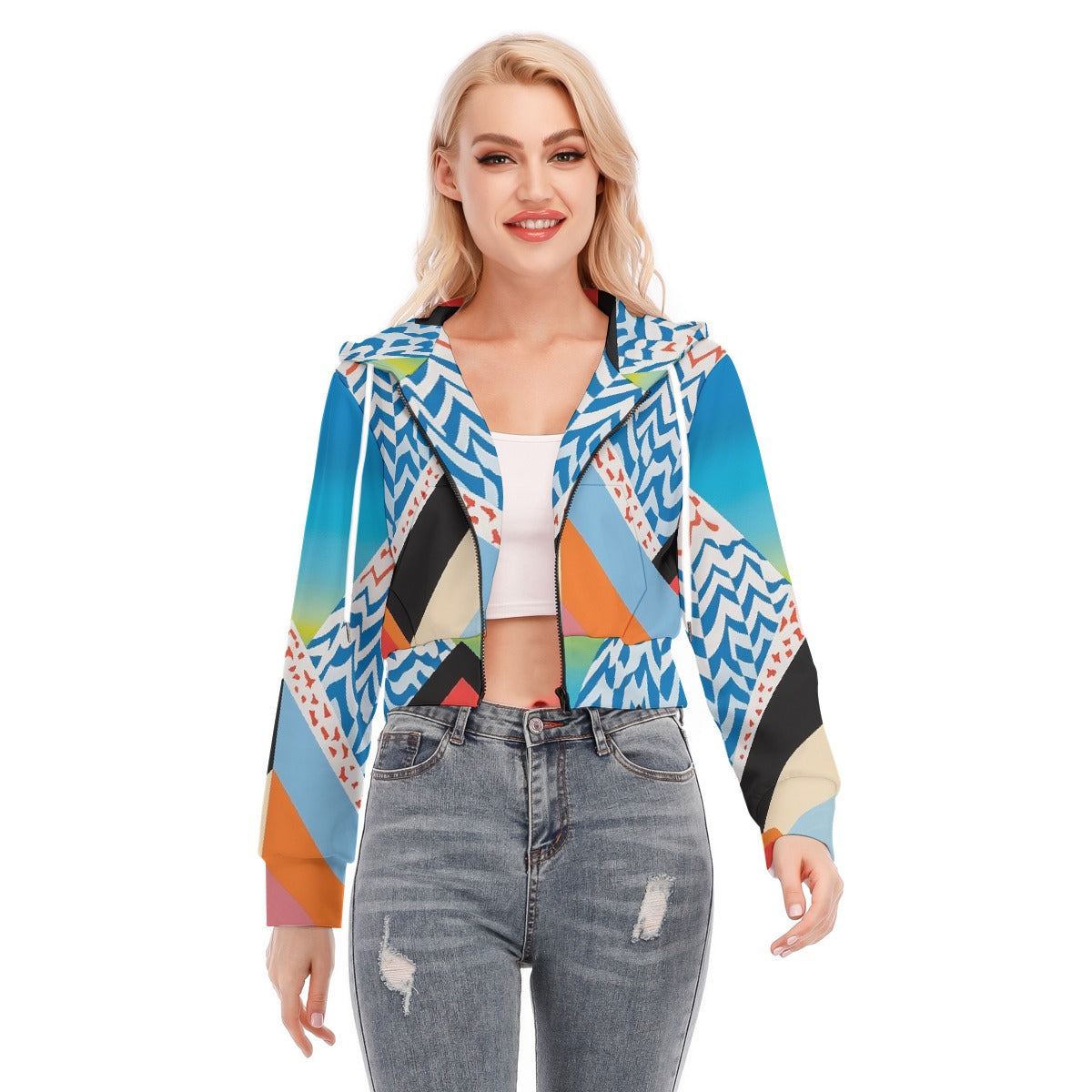 All-Over Print Women's Crop Top Hoodie With Zipper Closure
