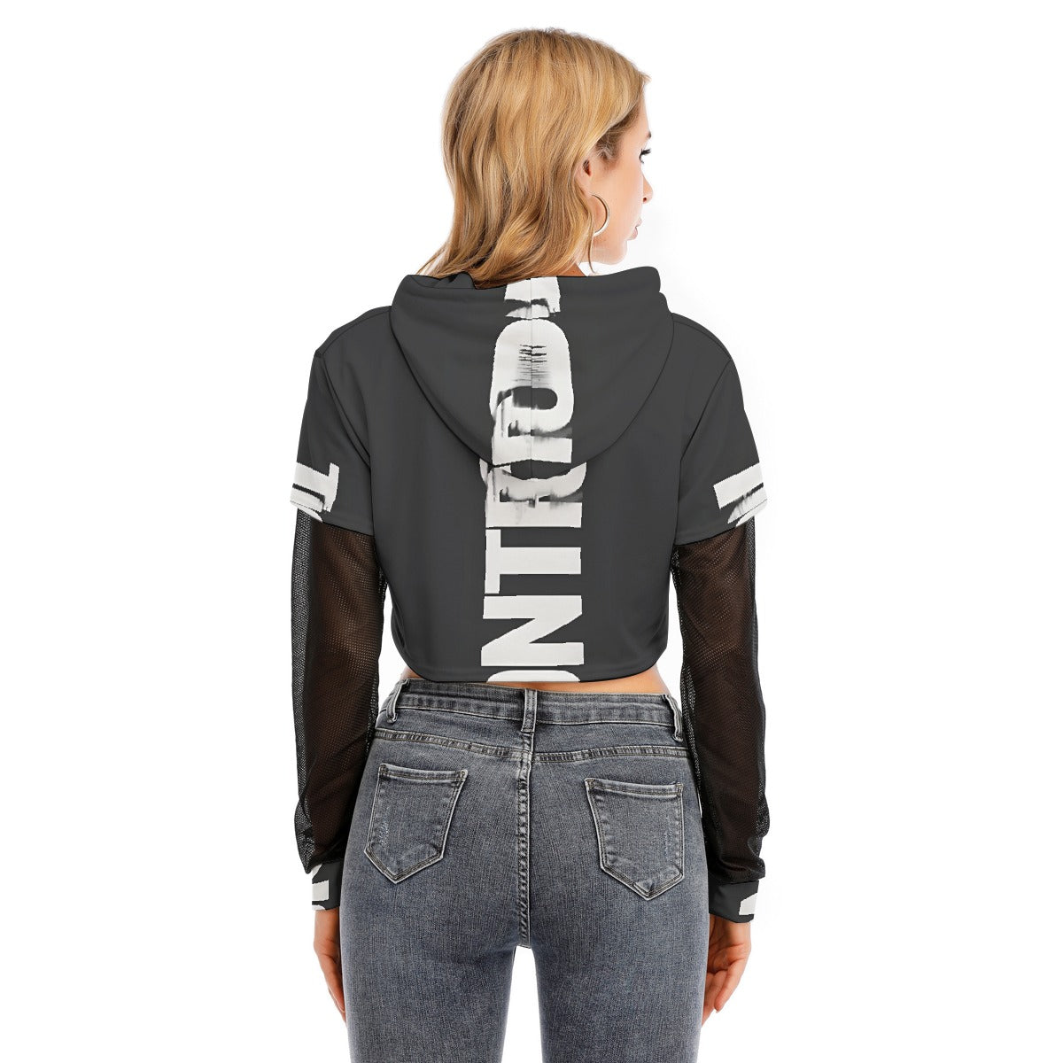 All-Over Print Women's Fake Two-piece Mesh Sleeve Cropped Hoodie