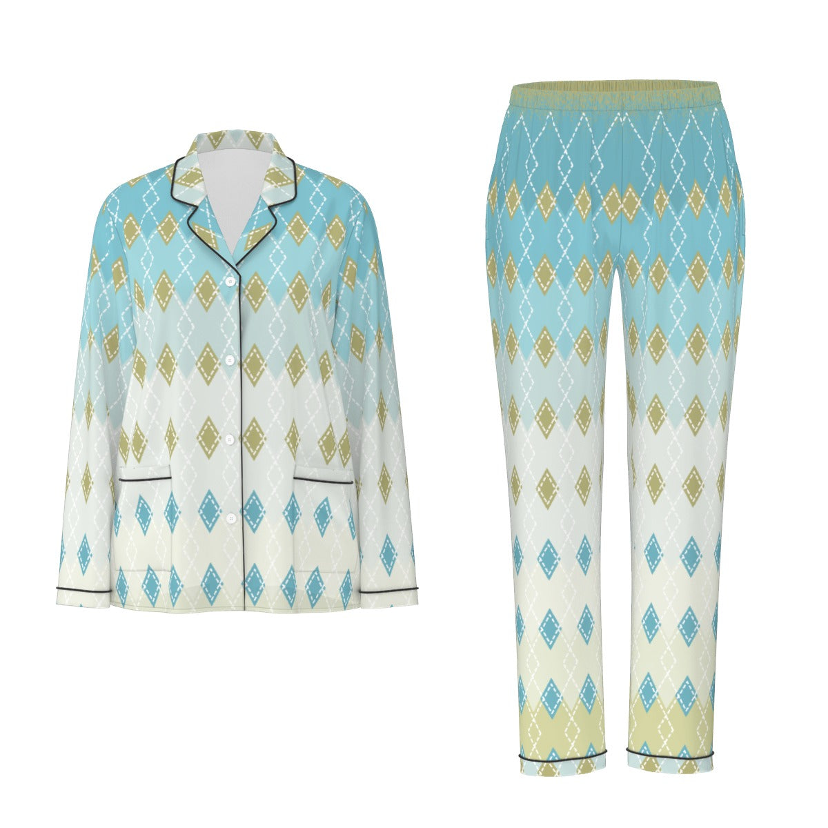 All-Over Print Women's Long Sleeve Pajama Set With Black Contrast Piping