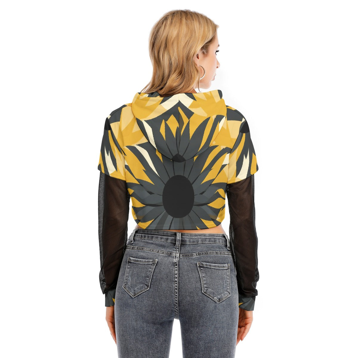 All-Over Print Women's Fake Two-piece Mesh Sleeve Cropped Hoodie