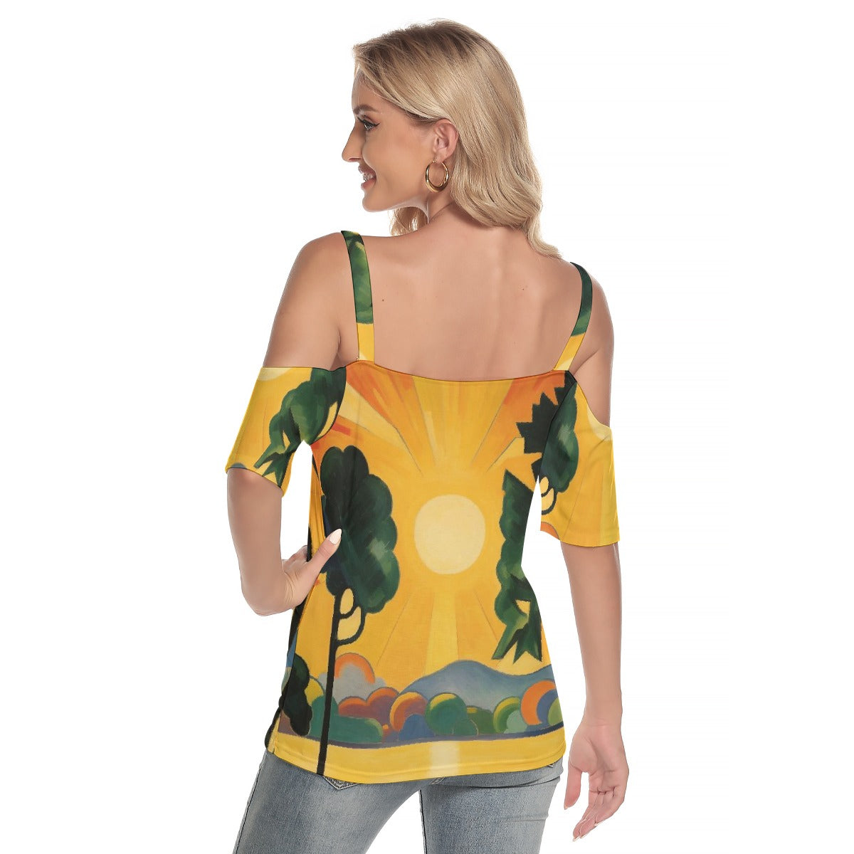 All-Over Print Women's Cold Shoulder T-shirt With Criss Cross Strips