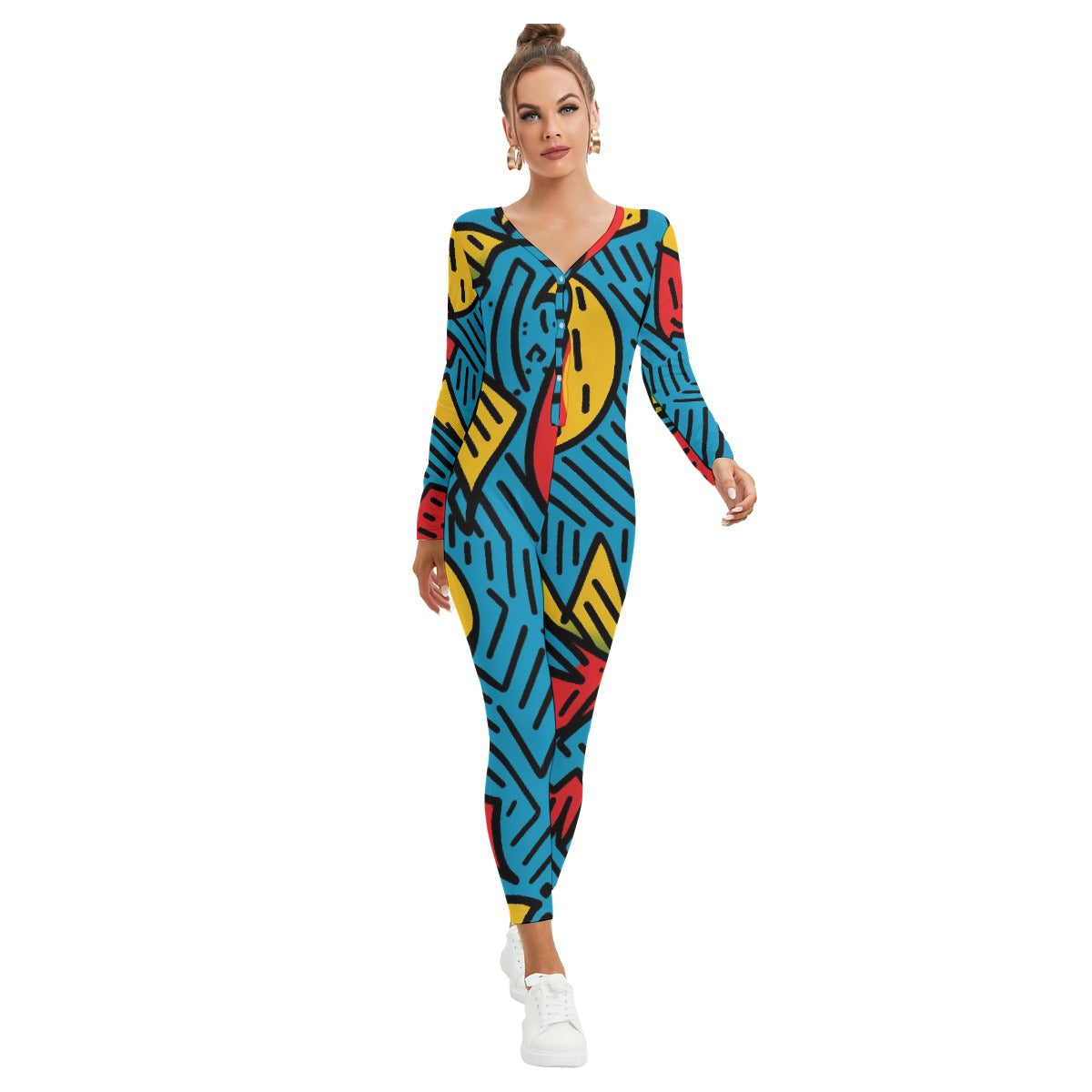 All-Over Print Women's Plunging Neck Jumpsuit