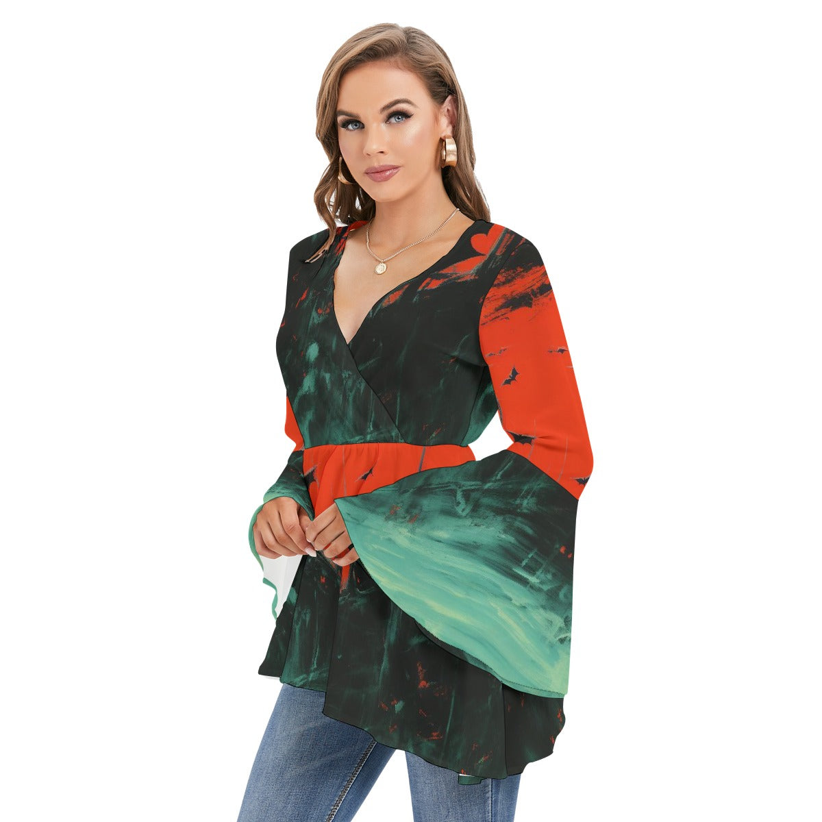 All-Over Print Women's V-neck Blouse With Flared Sleeves
