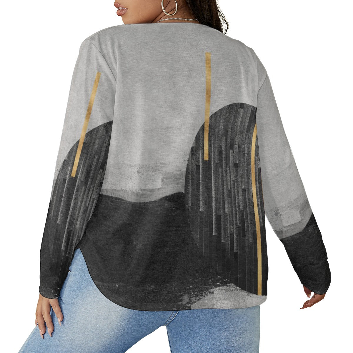 All-Over Print Women's V-neck T-shirt With Curved Hem(Plus Size)