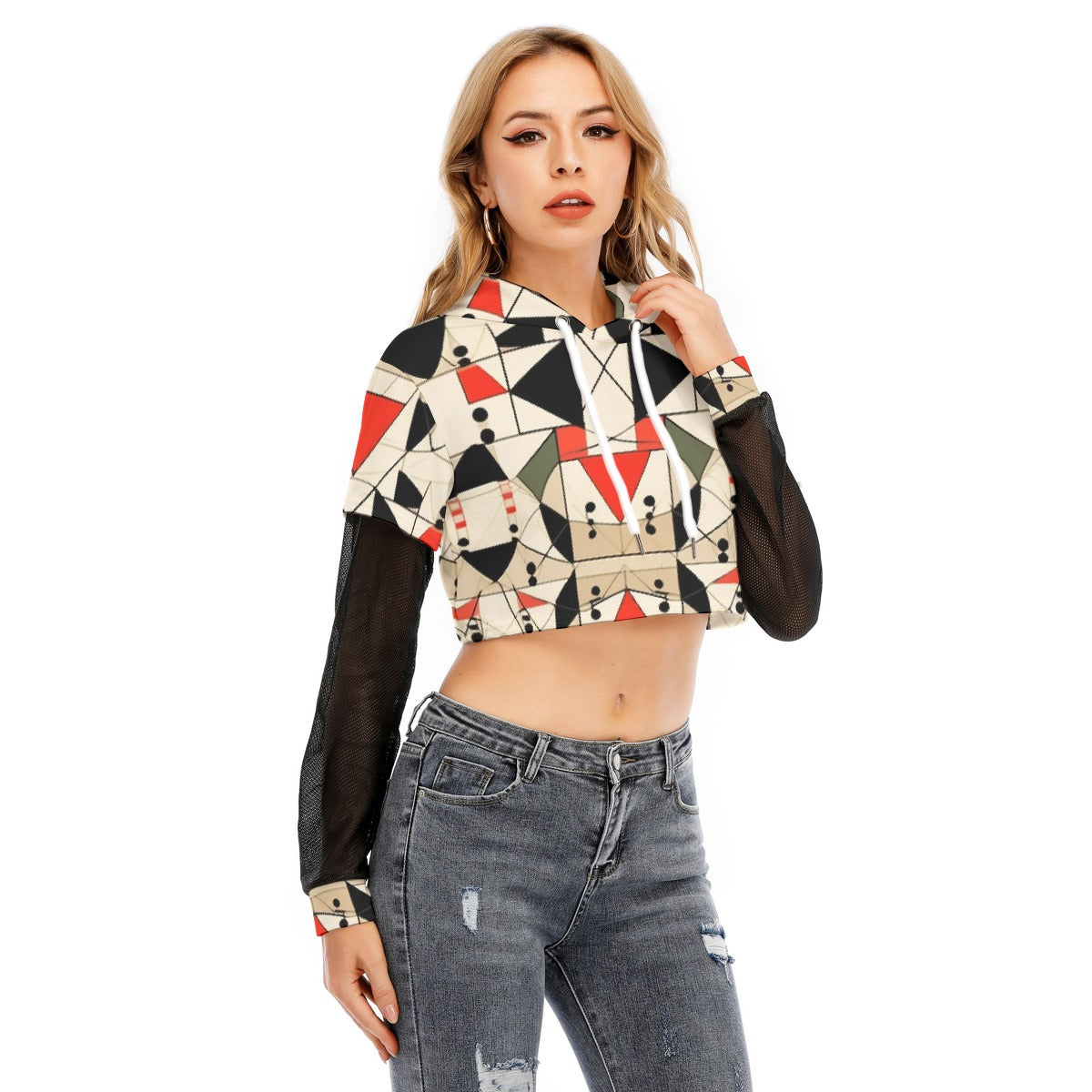 All-Over Print Women's Fake Two-piece Mesh Sleeve Cropped Hoodie