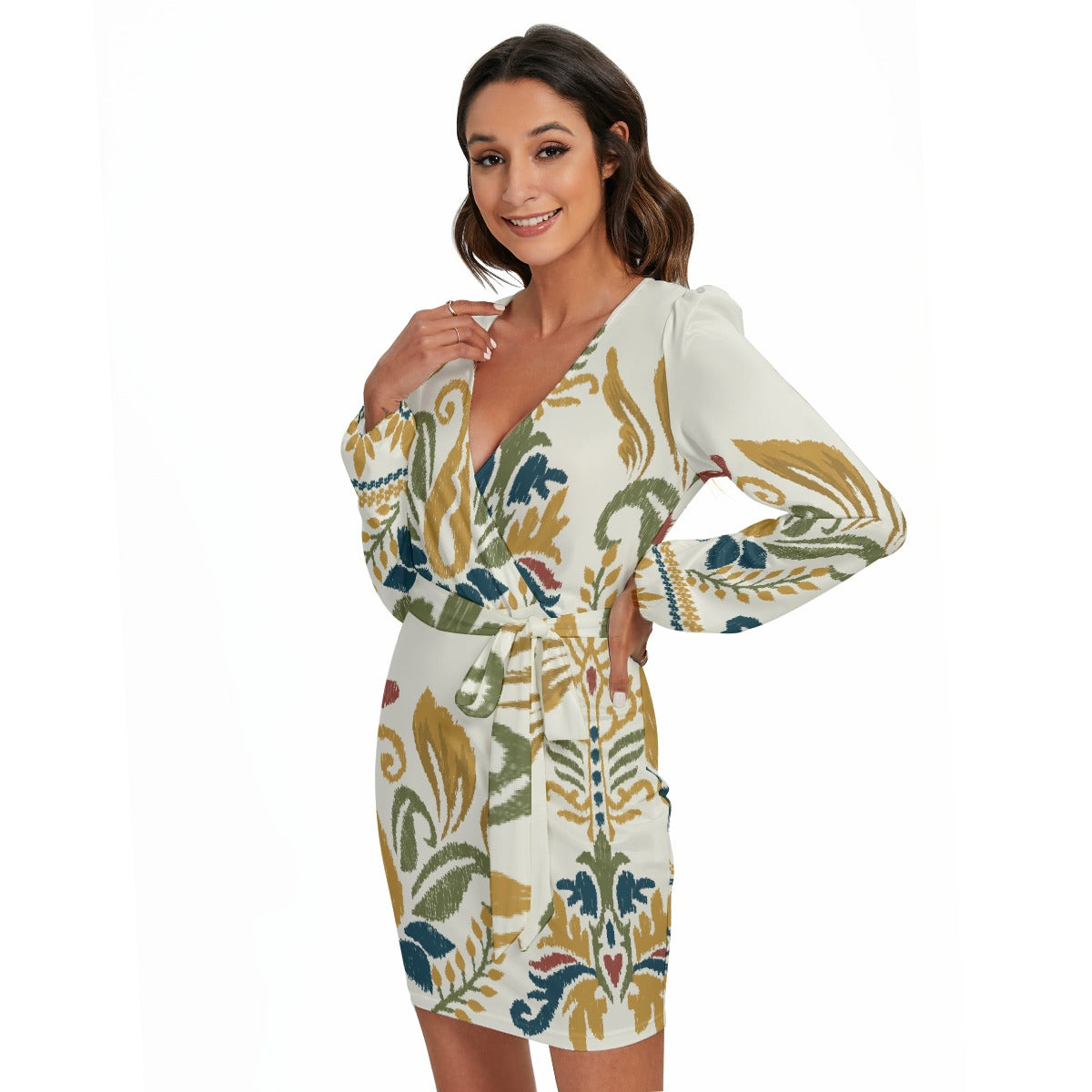 All-Over Print Women's Long Sleeve Dress With Waist Belt