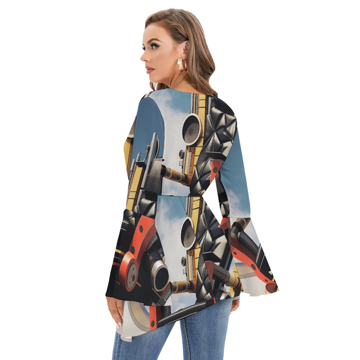 All-Over Print Women's V-neck Blouse With Flared Sleeves