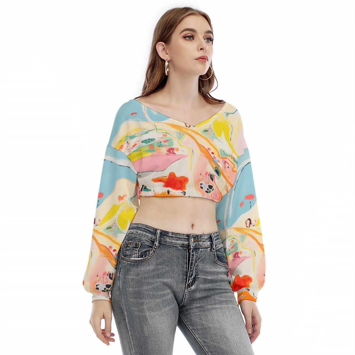 All-Over Print Women's V-neck Long Sleeve Cropped Sweatshirt