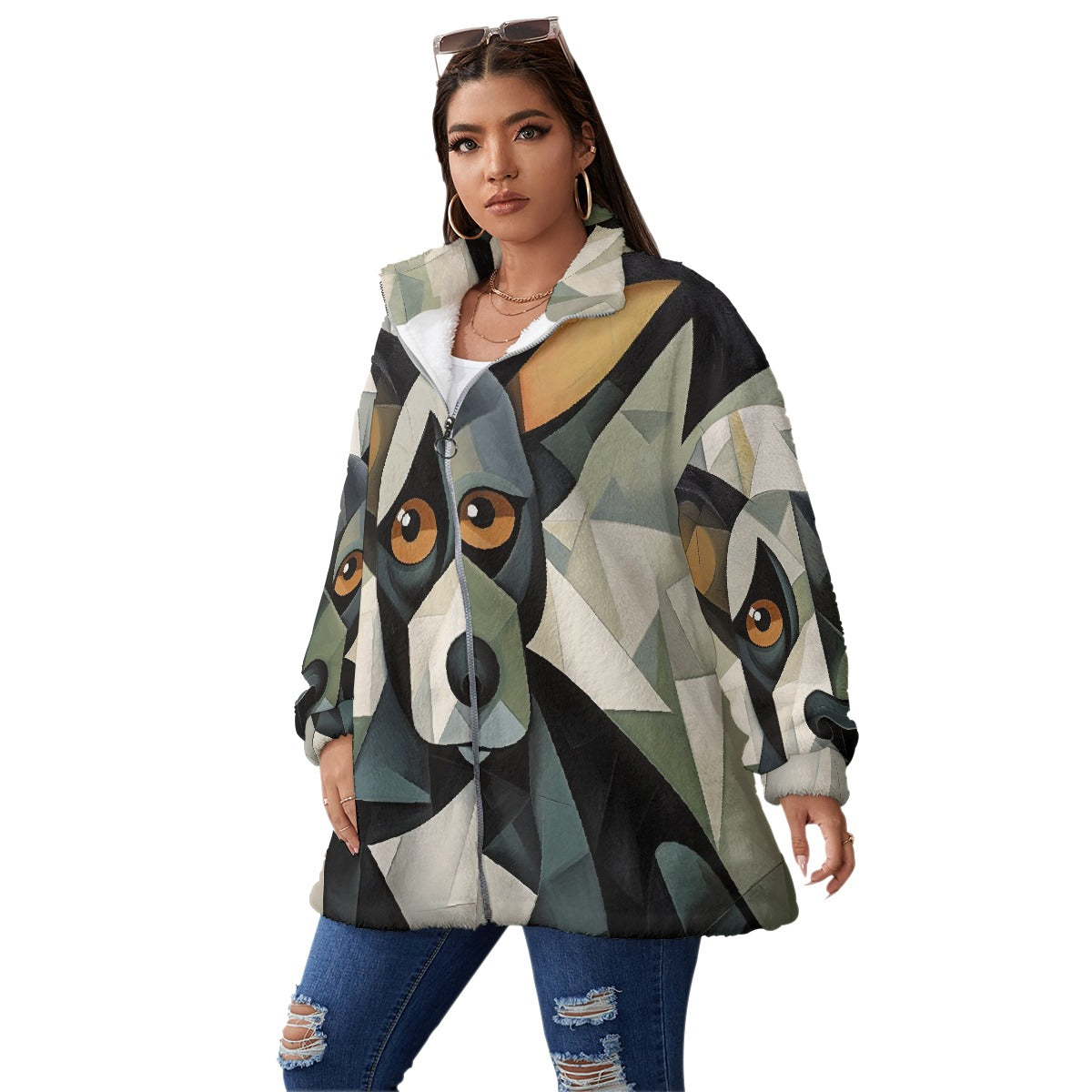 All-Over Print Unisex Borg Fleece Stand-up Collar Coat With Zipper Closure(Plus Size)