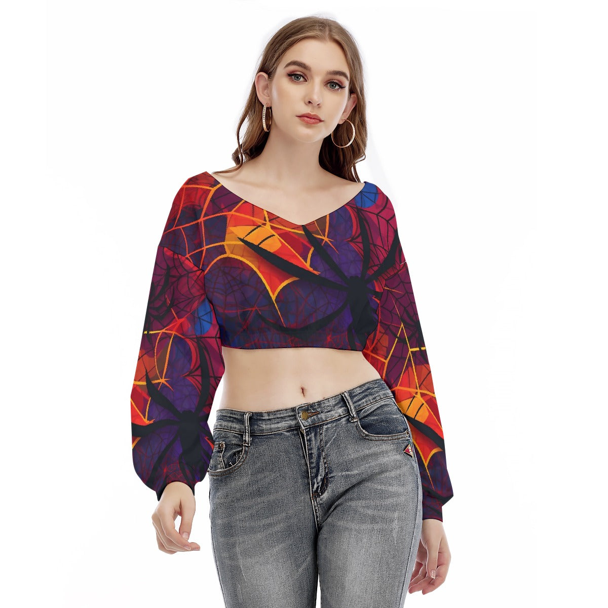 All-Over Print Women's V-neck Long Sleeve Cropped Sweatshirt