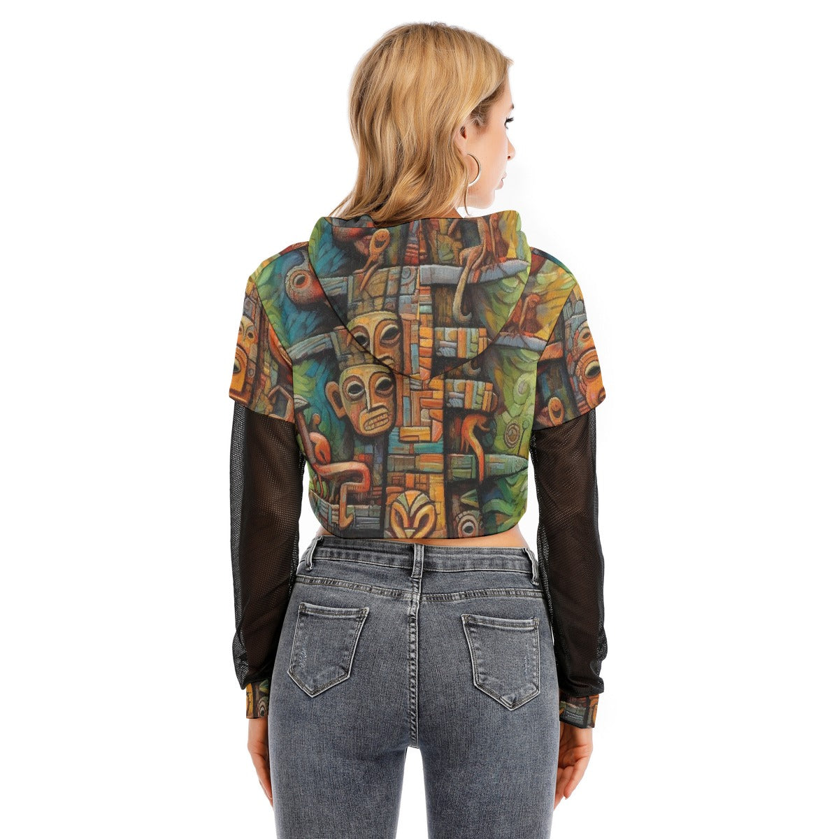 All-Over Print Women's Fake Two-piece Mesh Sleeve Cropped Hoodie