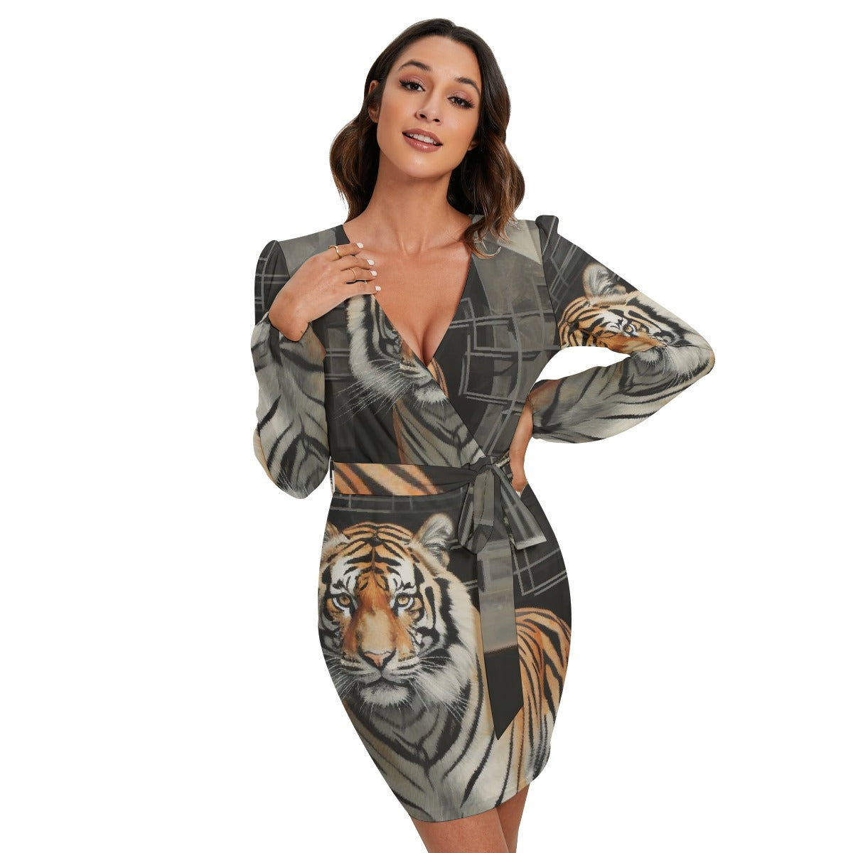 All-Over Print Women's Long Sleeve Dress With Waist Belt
