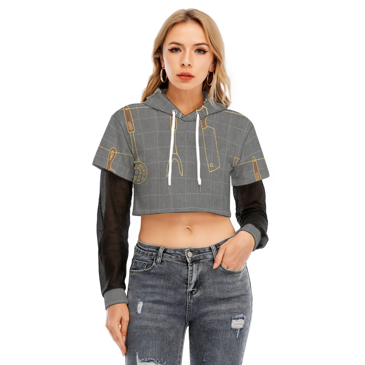 All-Over Print Women's Fake Two-piece Mesh Sleeve Cropped Hoodie