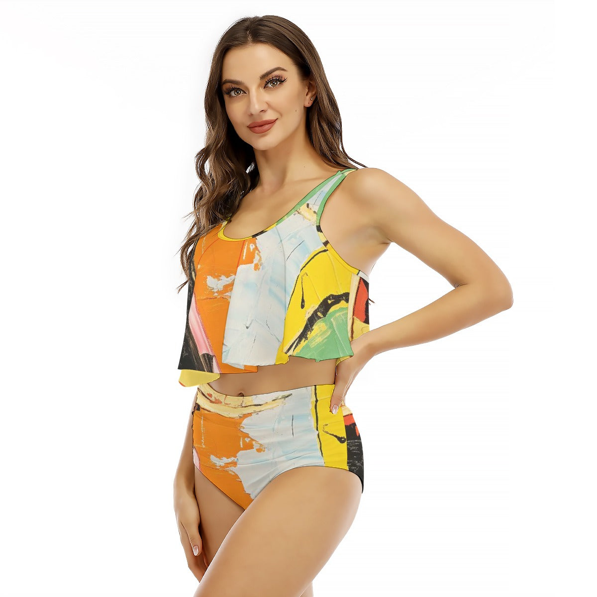 All-Over Print Women's Ruffled Vest Bikini Swimsuit