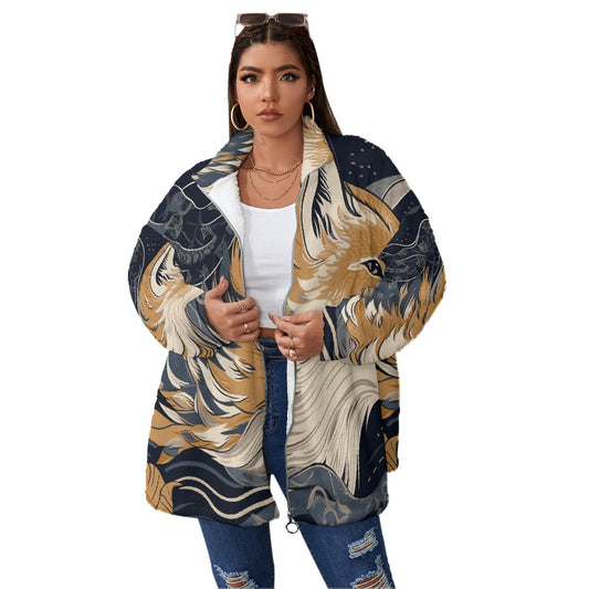 All-Over Print Unisex Borg Fleece Stand-up Collar Coat With Zipper Closure(Plus Size)