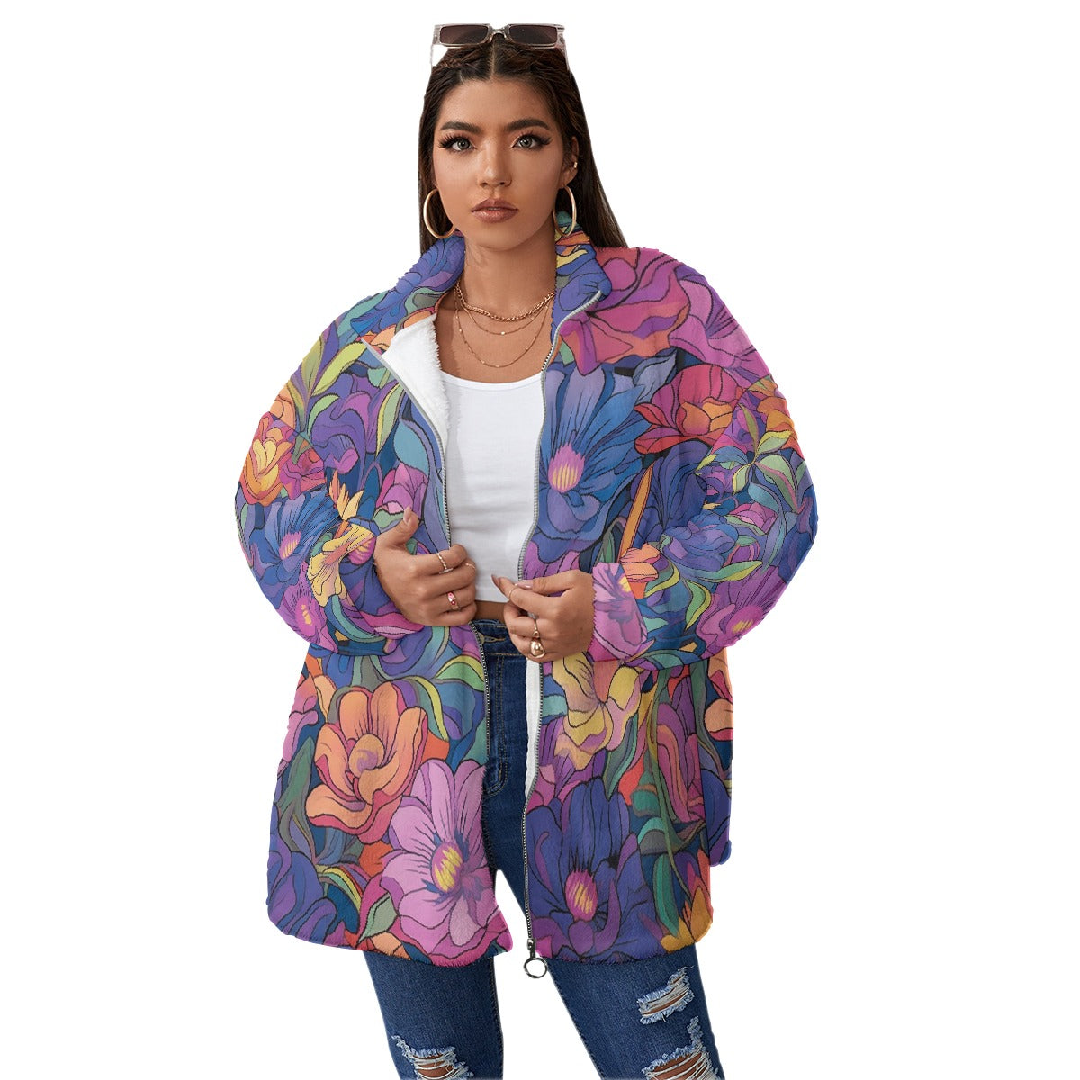 All-Over Print Unisex Borg Fleece Stand-up Collar Coat With Zipper Closure(Plus Size)