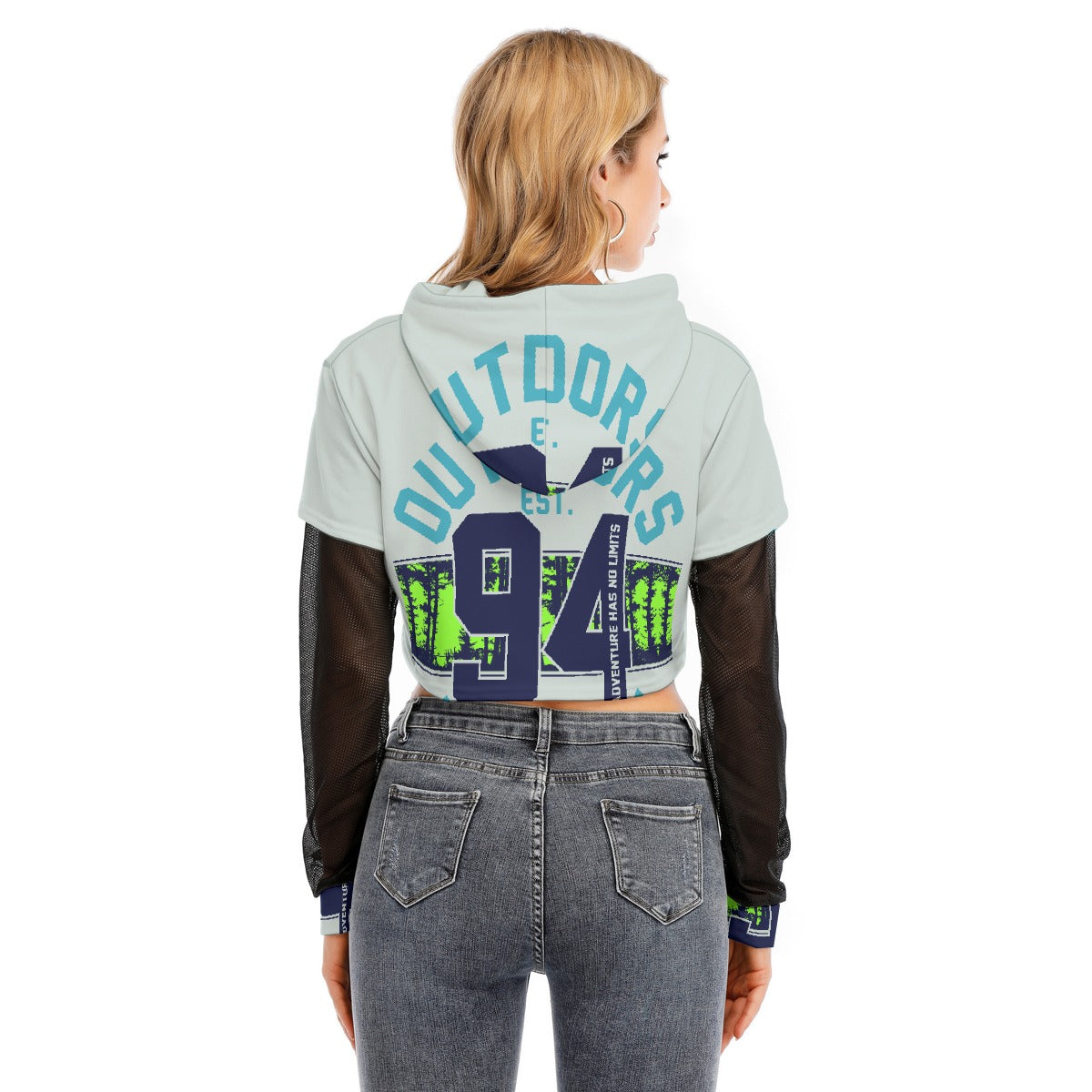 All-Over Print Women's Fake Two-piece Mesh Sleeve Cropped Hoodie