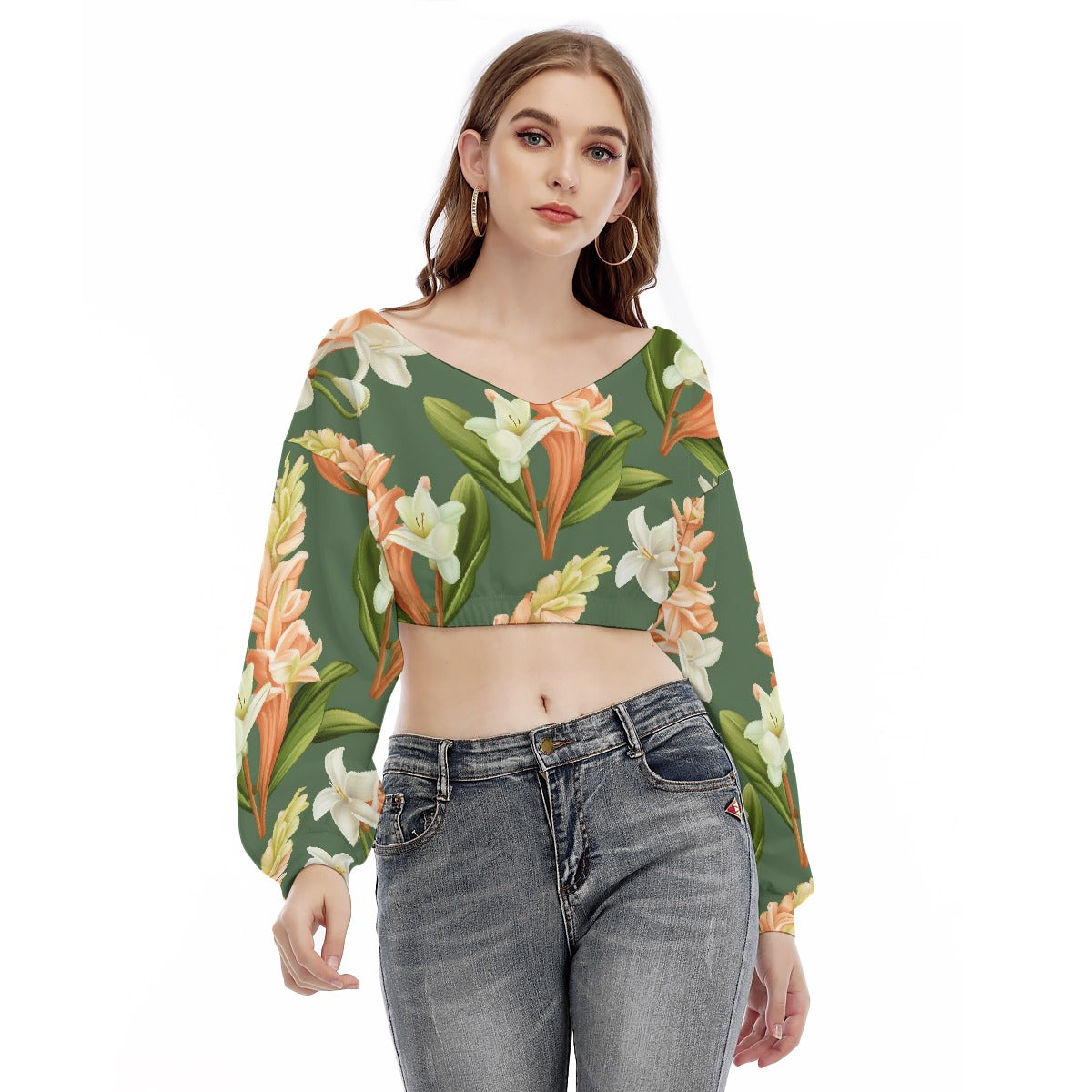 All-Over Print Women's V-neck Long Sleeve Cropped Sweatshirt