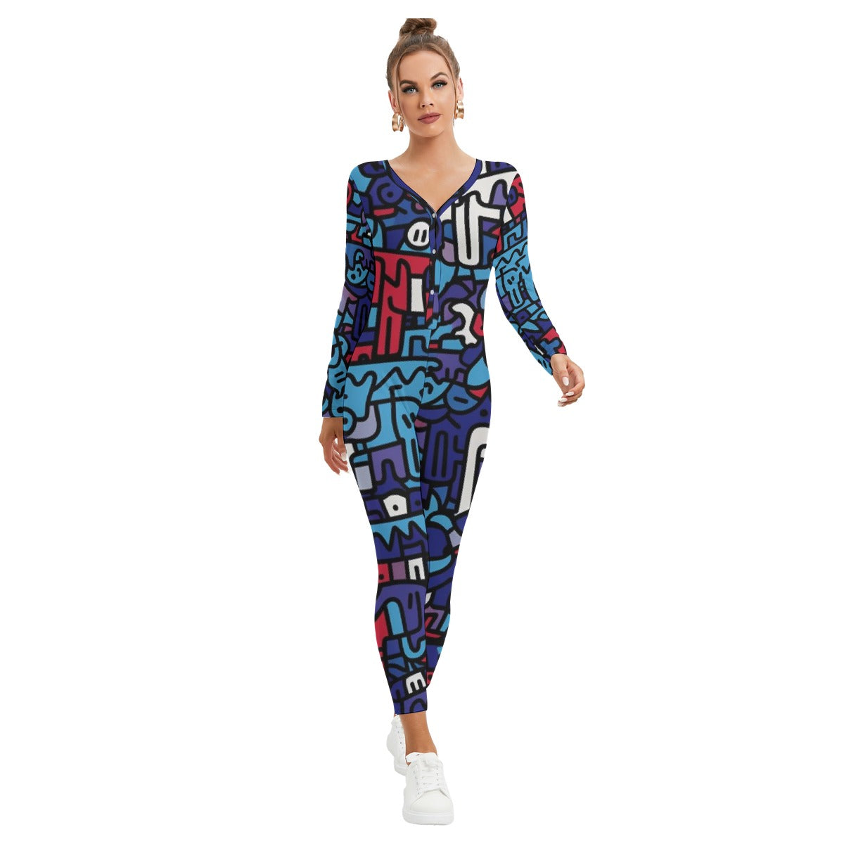 All-Over Print Women's Plunging Neck Jumpsuit