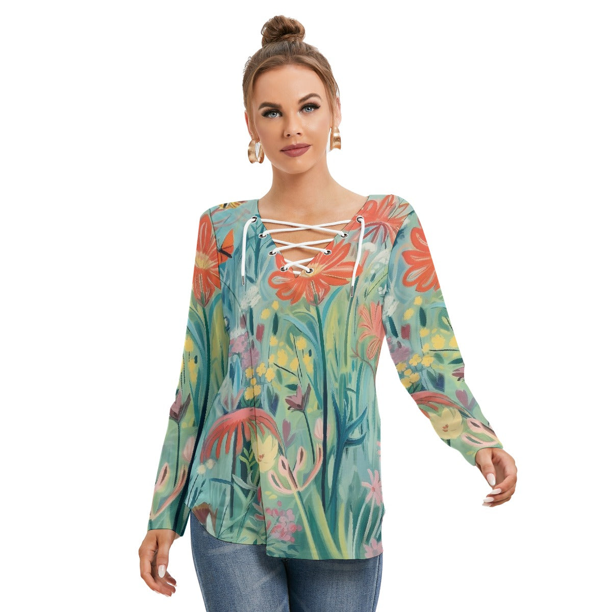All-Over Print Women's Long Sleeve Neckline Tie Sweatshirt