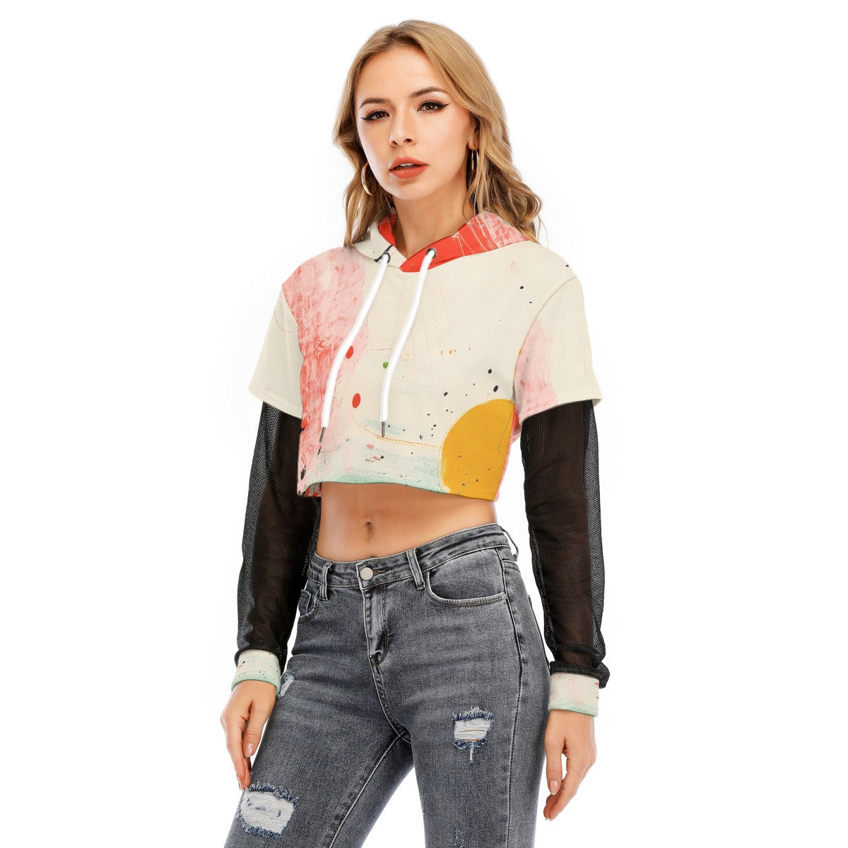 All-Over Print Women's Fake Two-piece Mesh Sleeve Cropped Hoodie