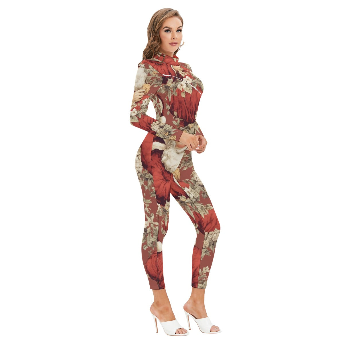 All-Over Print Women's Long-sleeved High-neck Jumpsuit With Zipper