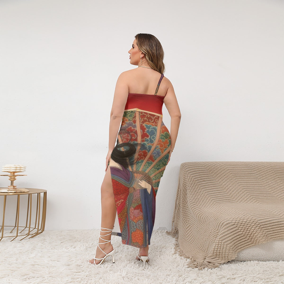 All-Over Print Women's Oblique-Shoulder Exposure Dress With Side Split (Plus Size)