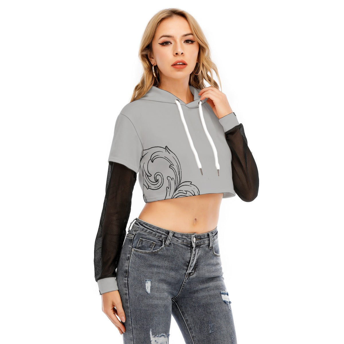 All-Over Print Women's Fake Two-piece Mesh Sleeve Cropped Hoodie