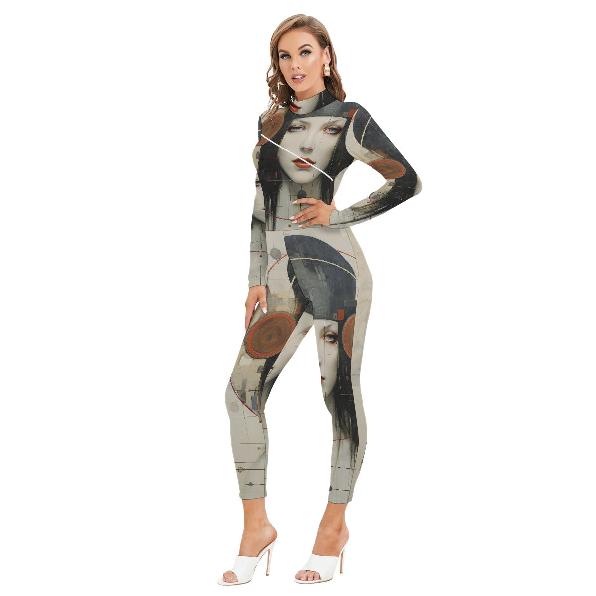 All-Over Print Women's Long-sleeved High-neck Jumpsuit With Zipper
