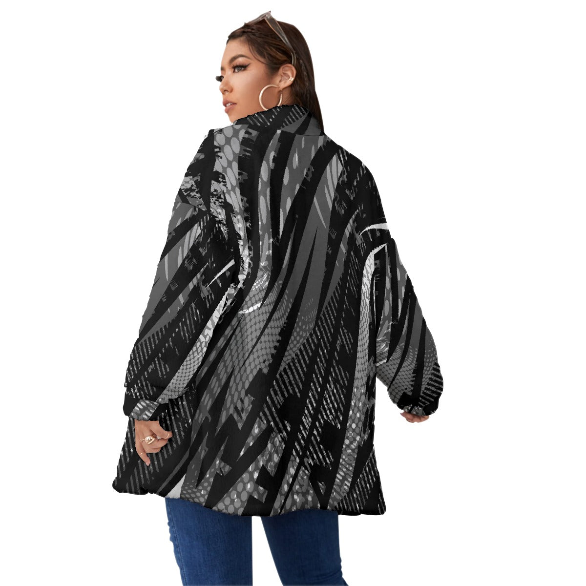 All-Over Print Unisex Borg Fleece Stand-up Collar Coat With Zipper Closure(Plus Size)