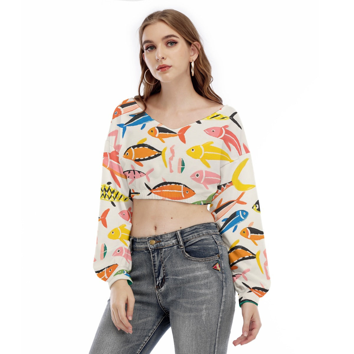 All-Over Print Women's V-neck Long Sleeve Cropped Sweatshirt