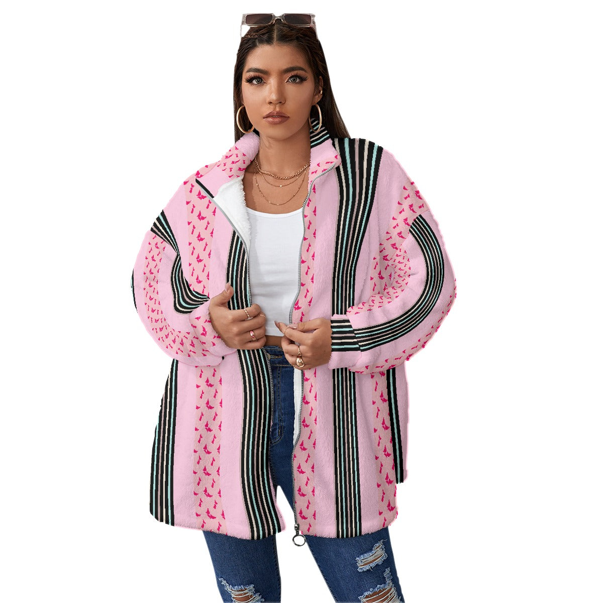 All-Over Print Unisex Borg Fleece Stand-up Collar Coat With Zipper Closure(Plus Size)