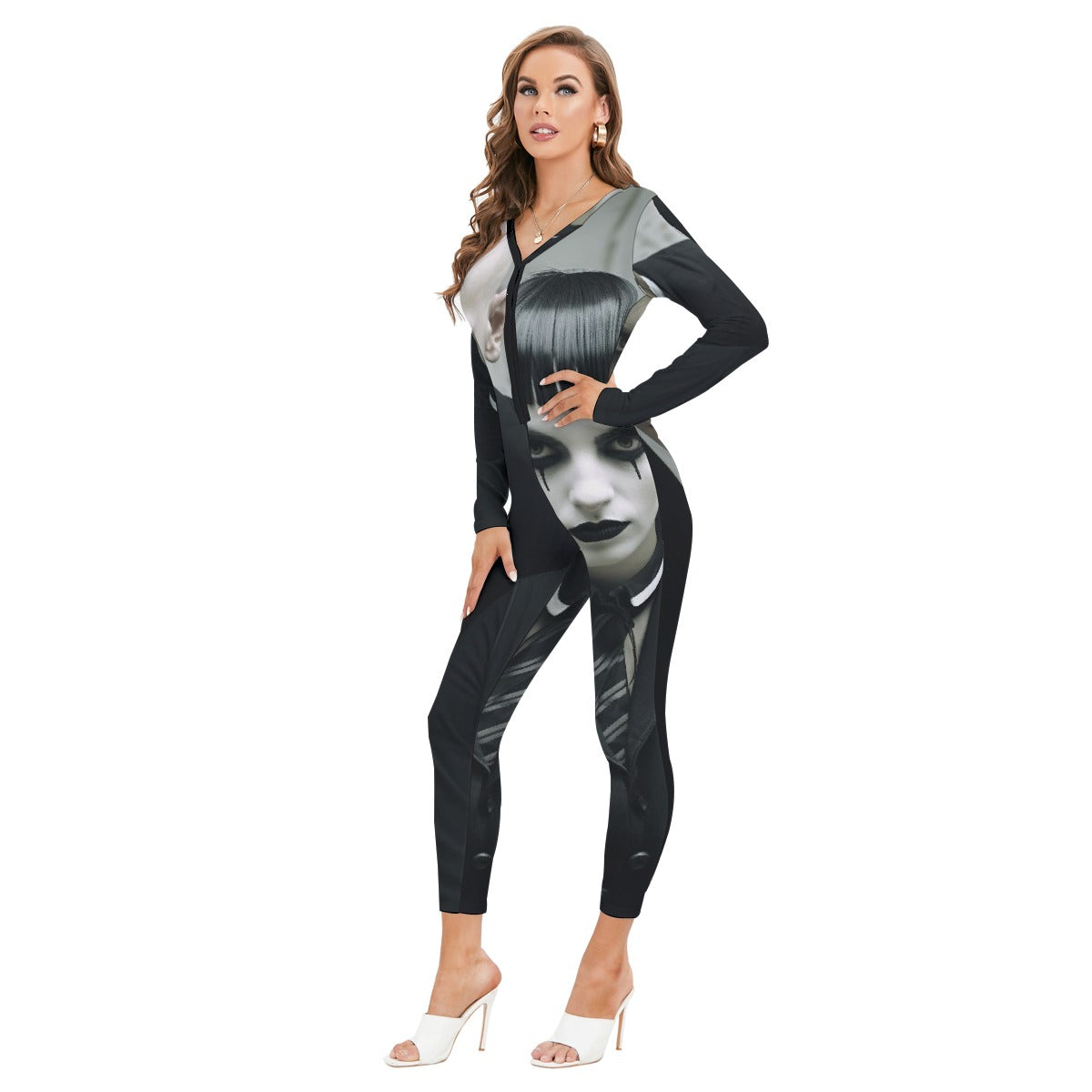 All-Over Print Women's Plunging Neck Jumpsuit