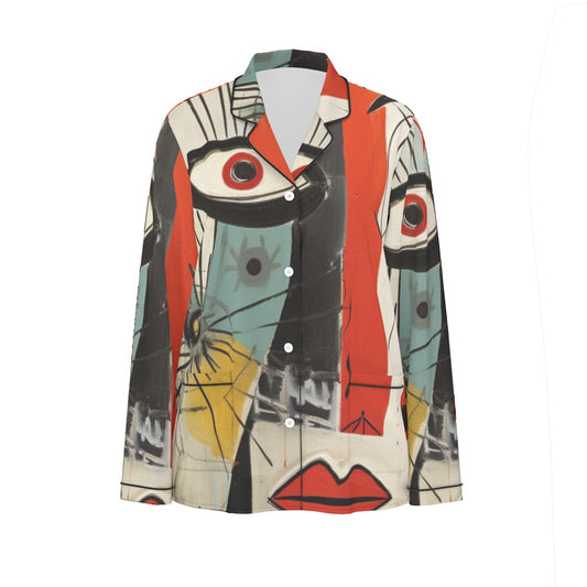 All-Over Print Women's Long Sleeve Pajama Set With Black Contrast Piping