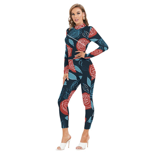 All-Over Print Women's Long-sleeved High-neck Jumpsuit With Zipper
