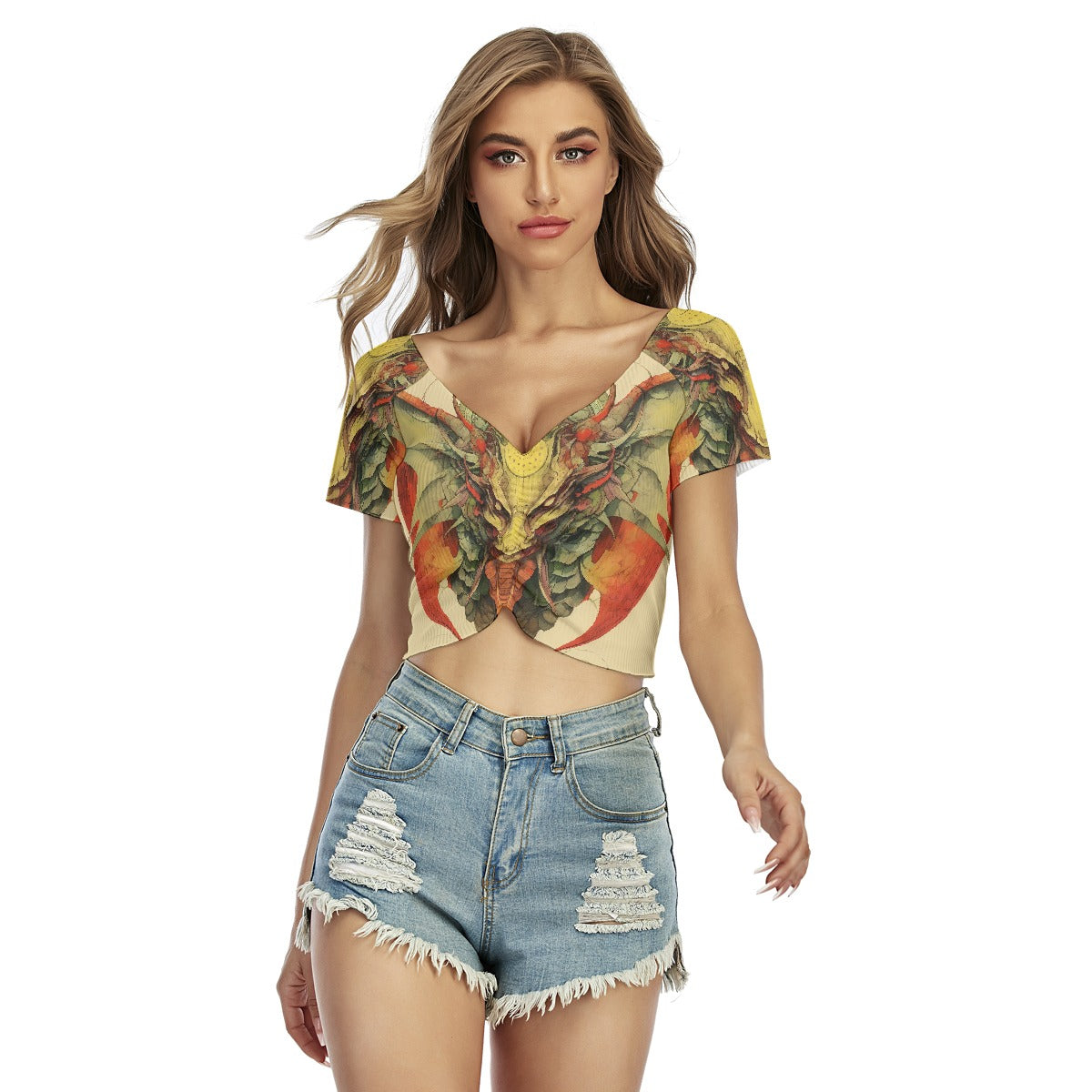 All-Over Print Women's Raglan Drawstring Front  Crop Tee