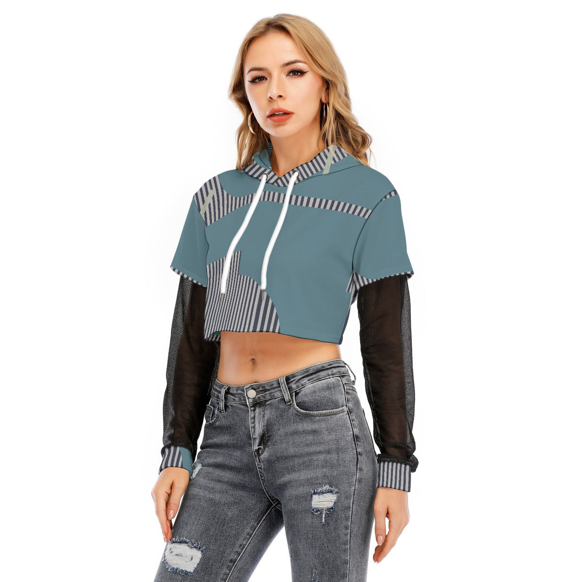 All-Over Print Women's Fake Two-piece Mesh Sleeve Cropped Hoodie