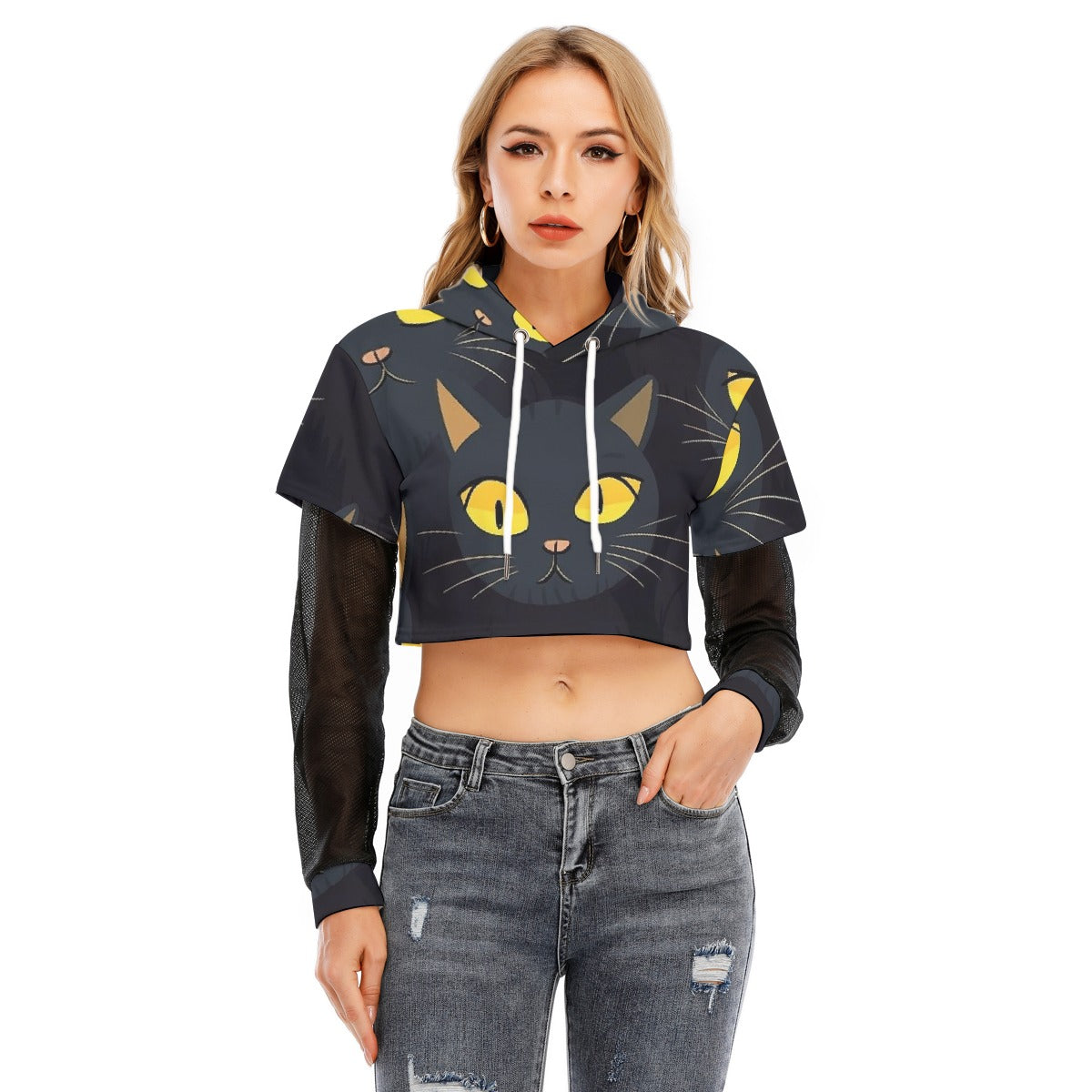 All-Over Print Women's Fake Two-piece Mesh Sleeve Cropped Hoodie